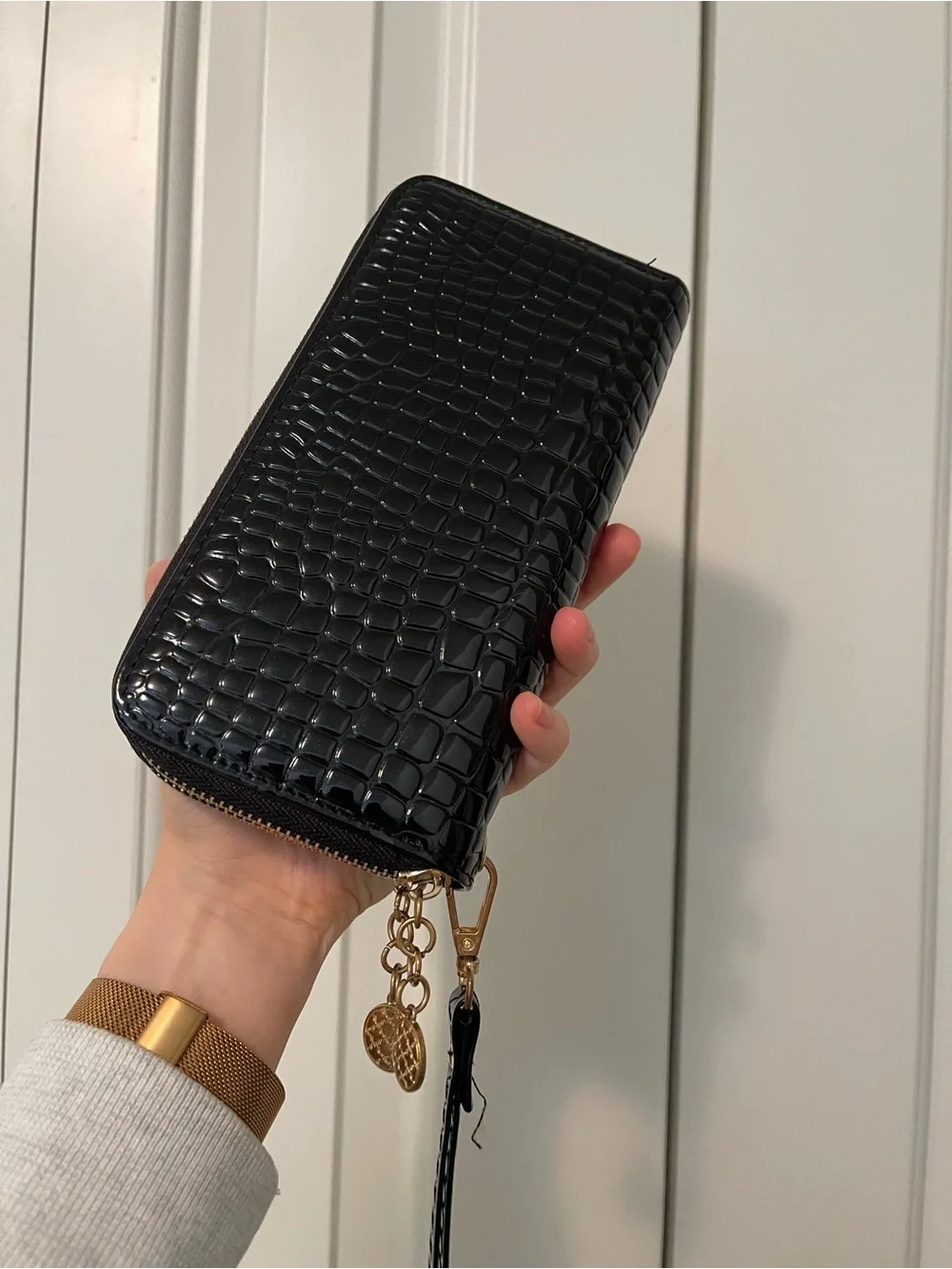 Croc-Embossed Black Zip-Around Wristlet Wallet with Charm
